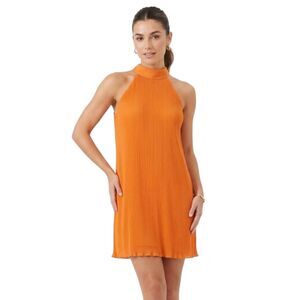 Japna Women M Pleated Halter Neck Orange Tie Back Mini Shift Dress Boho